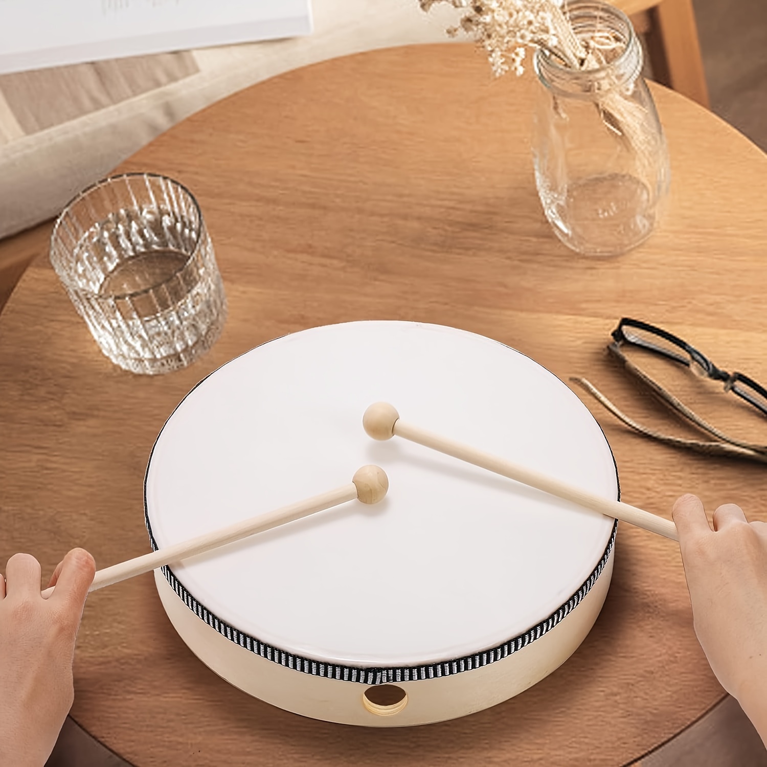 Natural Wooden Hand Drum, White Educational Hand-Held Percussion Instrument Toy with Mallet Included