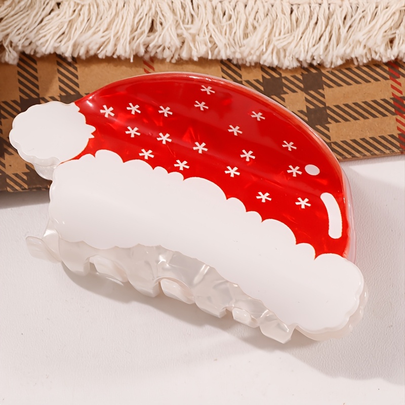 TEMU Cute Christmas Hat-shaped Acrylic Claw-shaped Hairpin With Red And White Snowflake Prints For A Non-slip And Sturdy Hold. Suitable For Daily