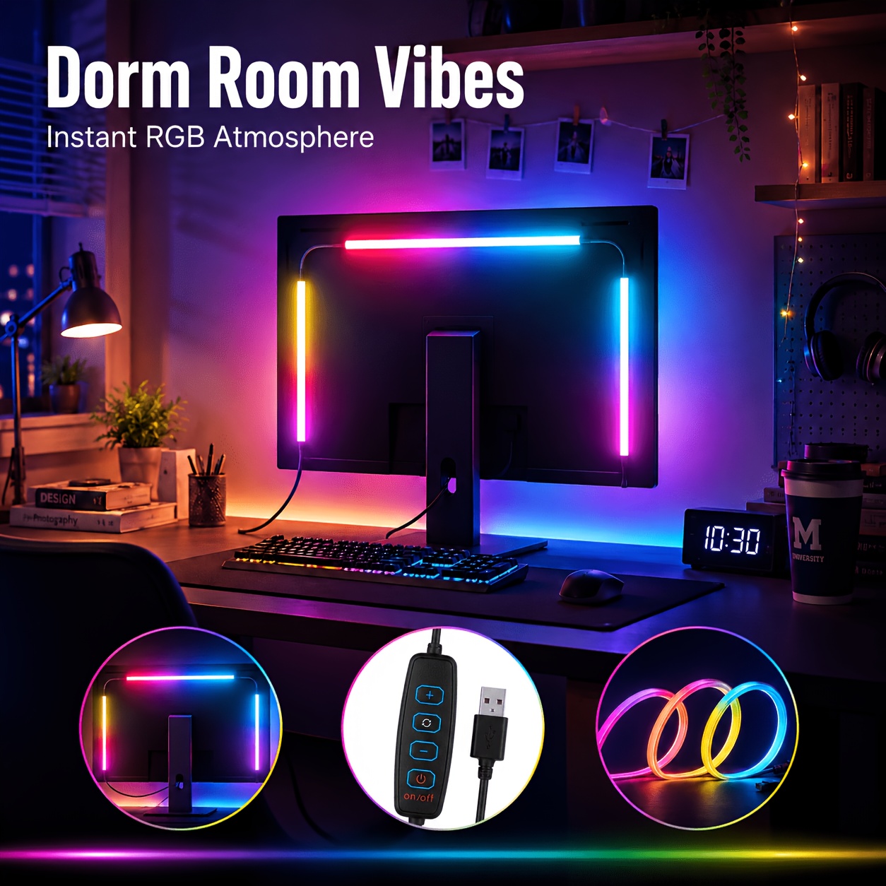 TEMU Bande lumineuse décorative à écran LED de 24 pouces, lampe intelligente RGB dynamique à changement de couleur, 4 de clignotement à basculer,