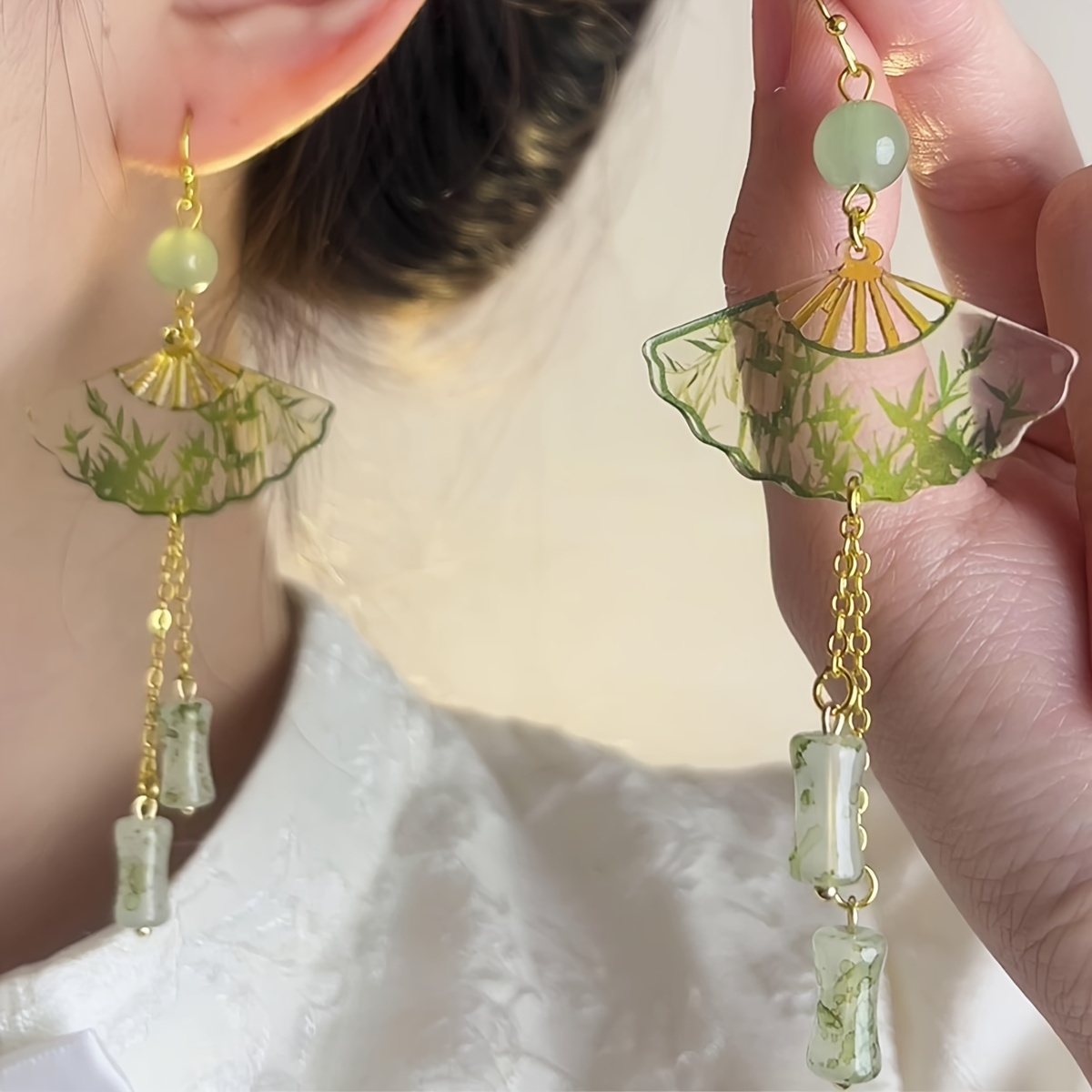 

1 Pair Vintage Chinese Style Transparent Fan And Bamboo Pattern Earrings, Acrylic Resin With Stainless Steel Posts, Summer Dangle Earrings, Hoop Earrings