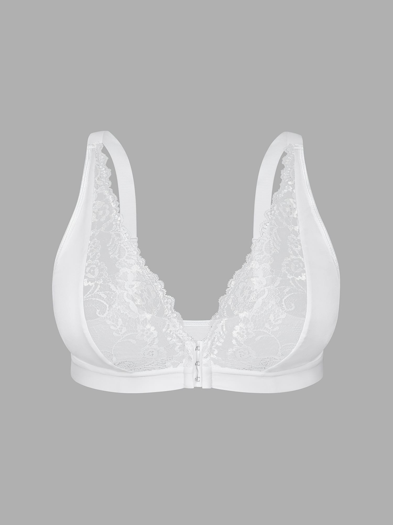 Women'S Plus Size Lace Front Closure Bra, Sexy Deep V-Neck Solid Color with Wide Straps, Comfortable Breathable Polyester Knit Fabric Bra with Contrast Lace Detail, No Padding - Medium Stretch