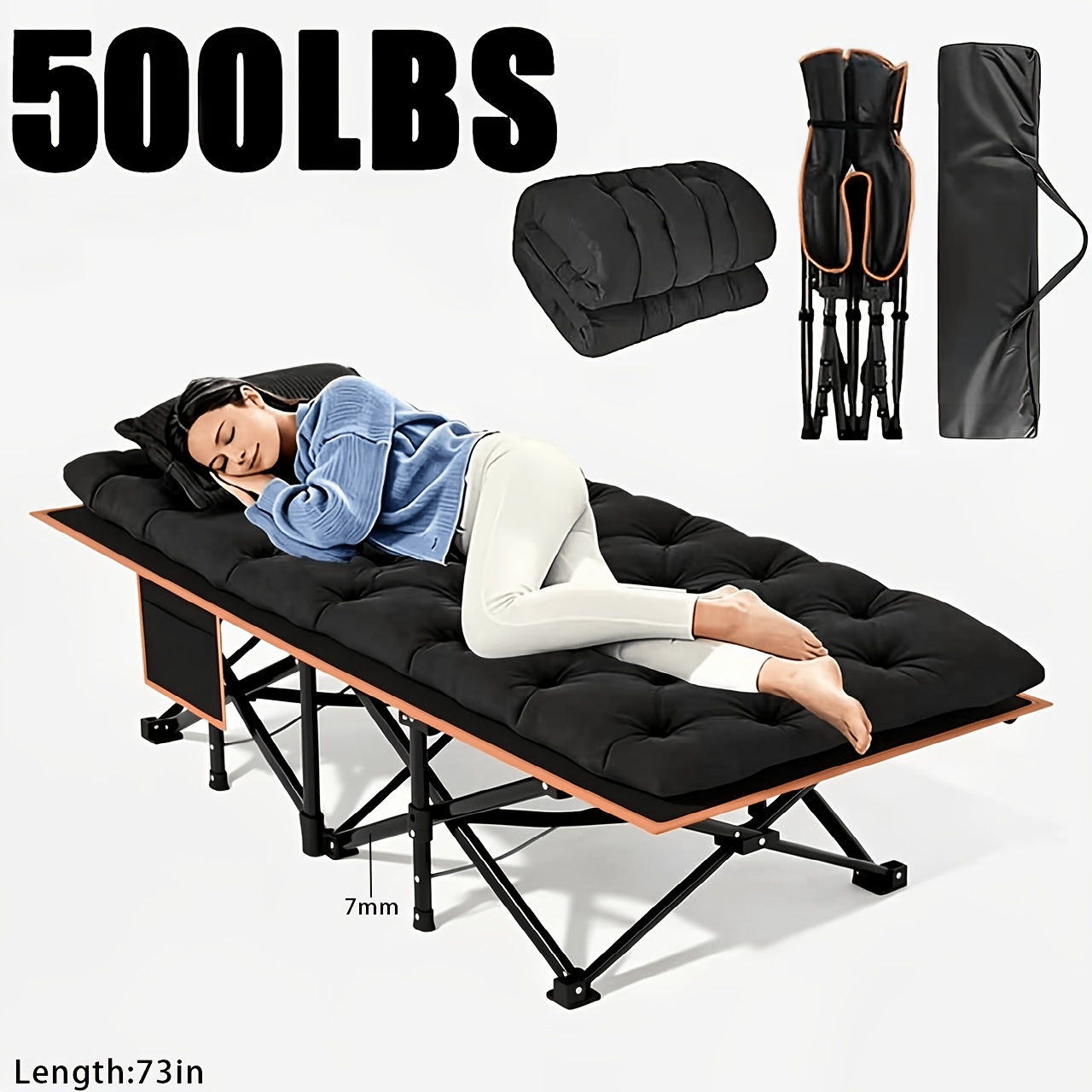 TEMU 77/75/73/59in Outdoor Folding Cot, Camping Bed, Portable Folding Guest Bed, 700/600/500/300 Lbs Capacity. Mattress. Heavy-duty Backpacking Cot