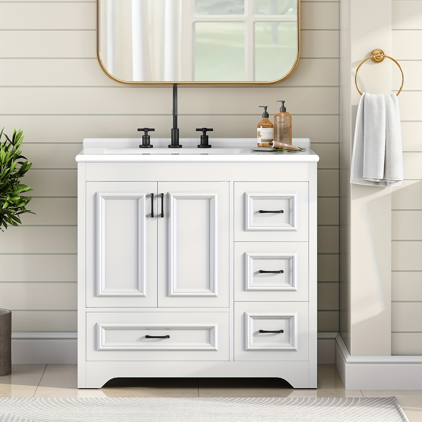 white bathroom vanity with sink   cabinet with ceramic countertop drawers and cabinet arc   design and metal glides drain kit not included for bathroom Product details 1