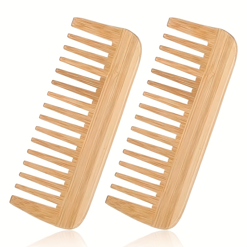 TEMU 2pcs Large Bamboo & Wood Wide-tooth Detangling Comb Suitable For With Curly, Straight, Wavy Hair - Hair Brush For Thick Hair, Static,, Suitable
