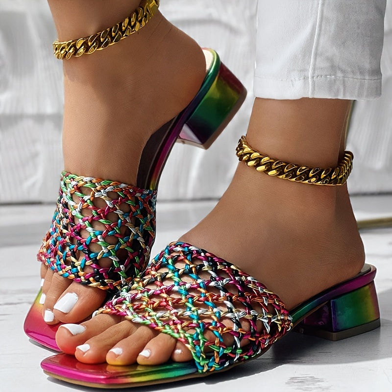 Women s Summer Colorful Square Toe Block Heel Woven Sandals Multicolor Rainbow Design