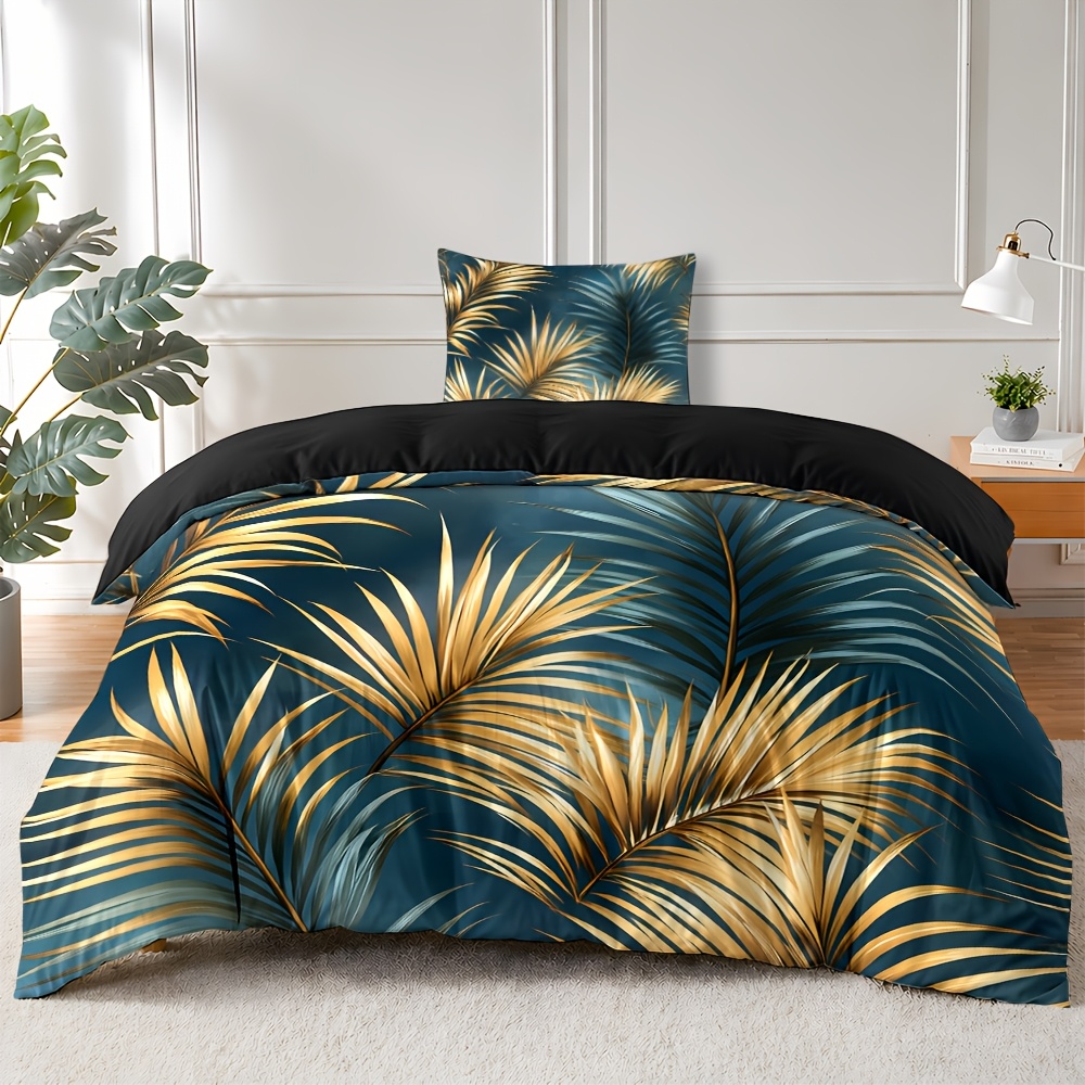 Image of 2/3pcs Palm Leaf Duvet Cover Set 1 Duvet 1/2 Pillowcases 80*80 Navy Blue And Golden Bedding Stylish 135*200 200*200 220*240 For Spring Summer Bedding Home Dorm Bedroom Decoration Machine Washable