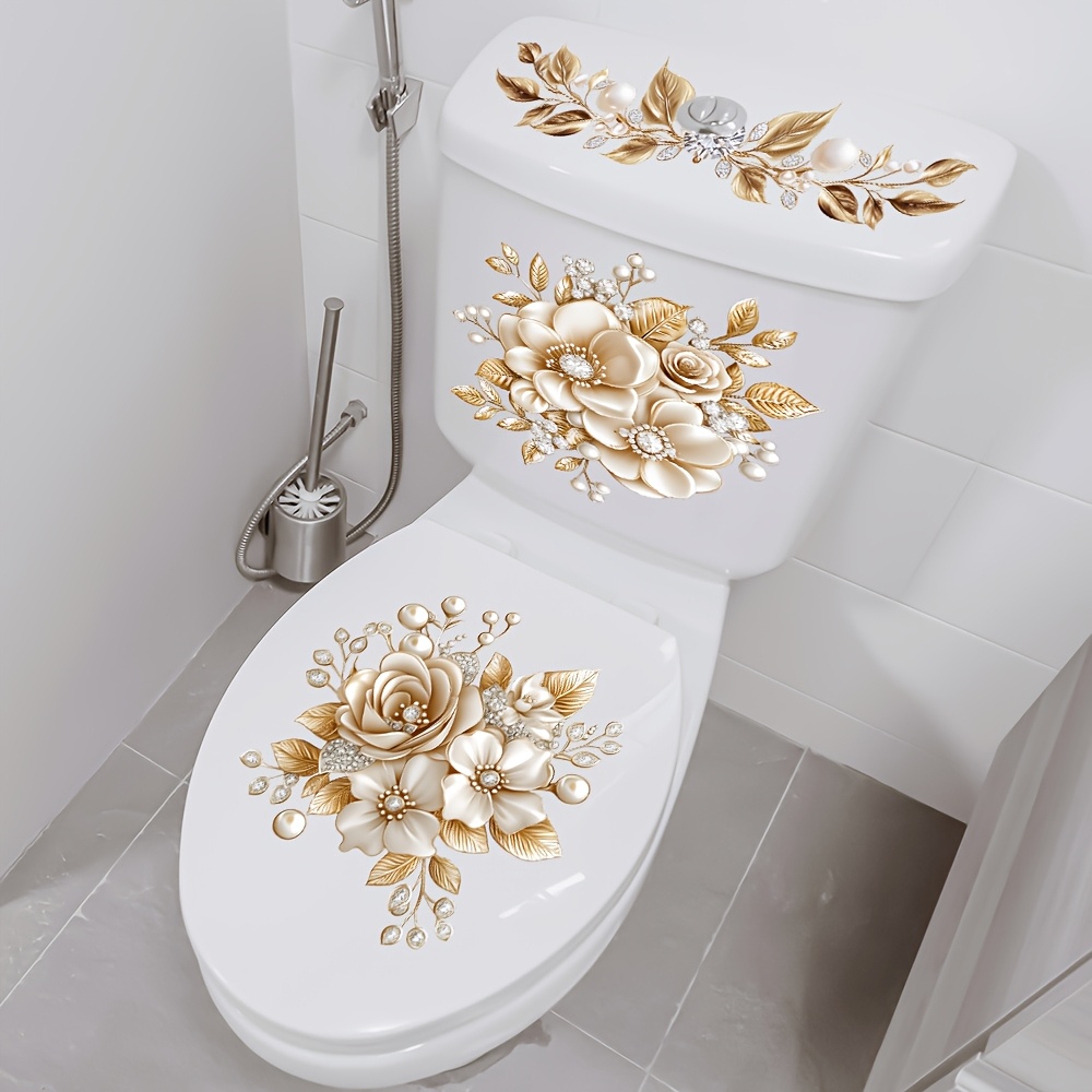 TEMU 1pc Bathroom Toilet Sticker - Golden Floral Pvc Self-adhesive Toilet Decorative Sticker, Semi-matte Effect, Irregular Shape Luxury Decorative