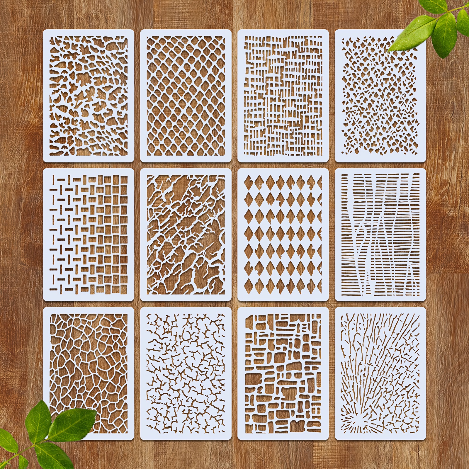 

[top-] 12pcs Texture Set, 4.3x6.3" Reusable Drawing Templates For Scrapbooking, Card Making, Wood, & Art - Decor Craft Supplies