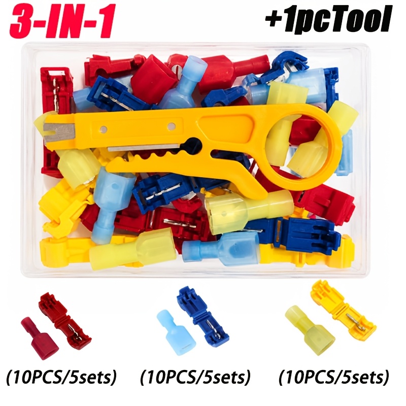 TEMU 30pcs/15 Sets Kit 3-en-1 Combiné Rouge Bleu Jaune Bornes de avec Outils, Dénudage, Bornes de Rapide Isolées en Nylon Bornes de Fil de pour