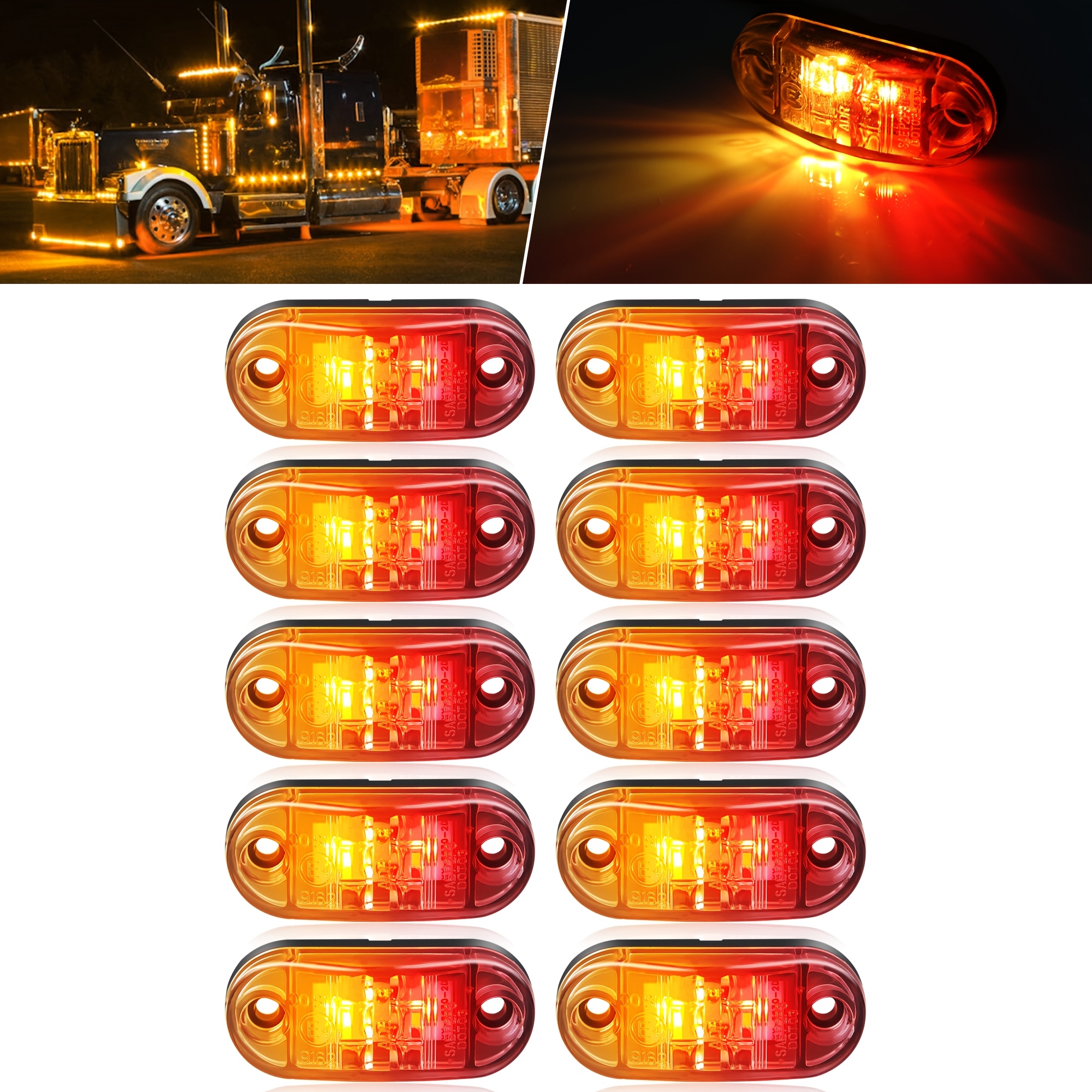 TEMU 10pcs Upgraded Dual-color Amber Side Marker Lights, Waterproof Identification Lamps For 12v 24v Truck Trailer Rv Pickup Lorry, Indicator Warning