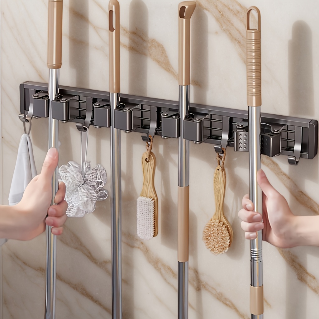 

Space-saving Heavy-duty Metal Mop & Broom Holder With Adjustable Hooks - Wall Mount Organizer For Home, Kitchen, Garden, Laundry, Garage - Tool And Equipment Storage Solution