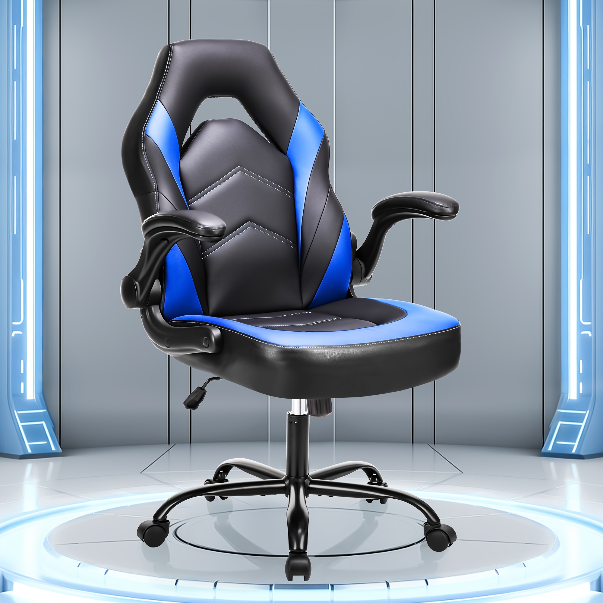 

Office Ergonomic Computer Gaming Desk Racing Chair For Adults, Flip-up Arms Adjustable Height Pu Leather Swivel With Wheels