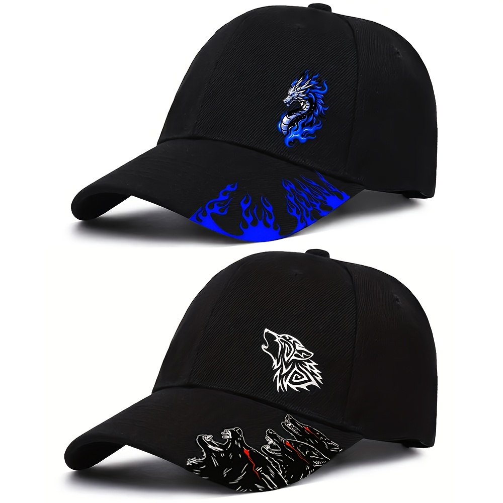 TEMU 2pcs Wolf And Dragon Print Unisex Baseball , Street Fashion Outdoor Sports Curved Brim , Adjustable Hat