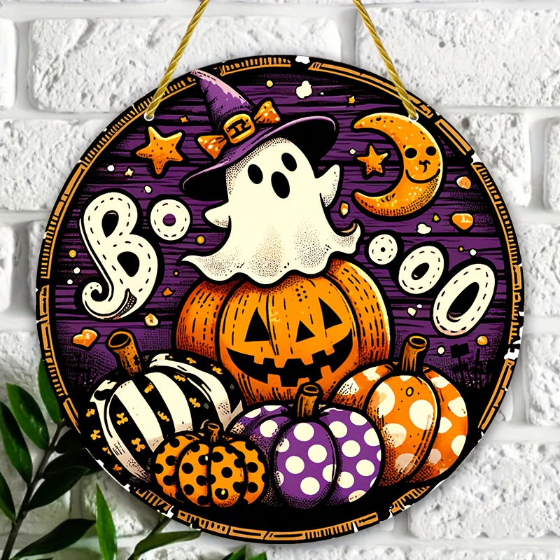 

Vintage Halloween Aluminum Sign - 5.9" Round Metal Decor With Ghost, Pumpkin & Witch Hat Designs For Porch, Room, Window, Wall, Garage, Farmhouse, Bar, Cafe - Perfect Holiday Gift