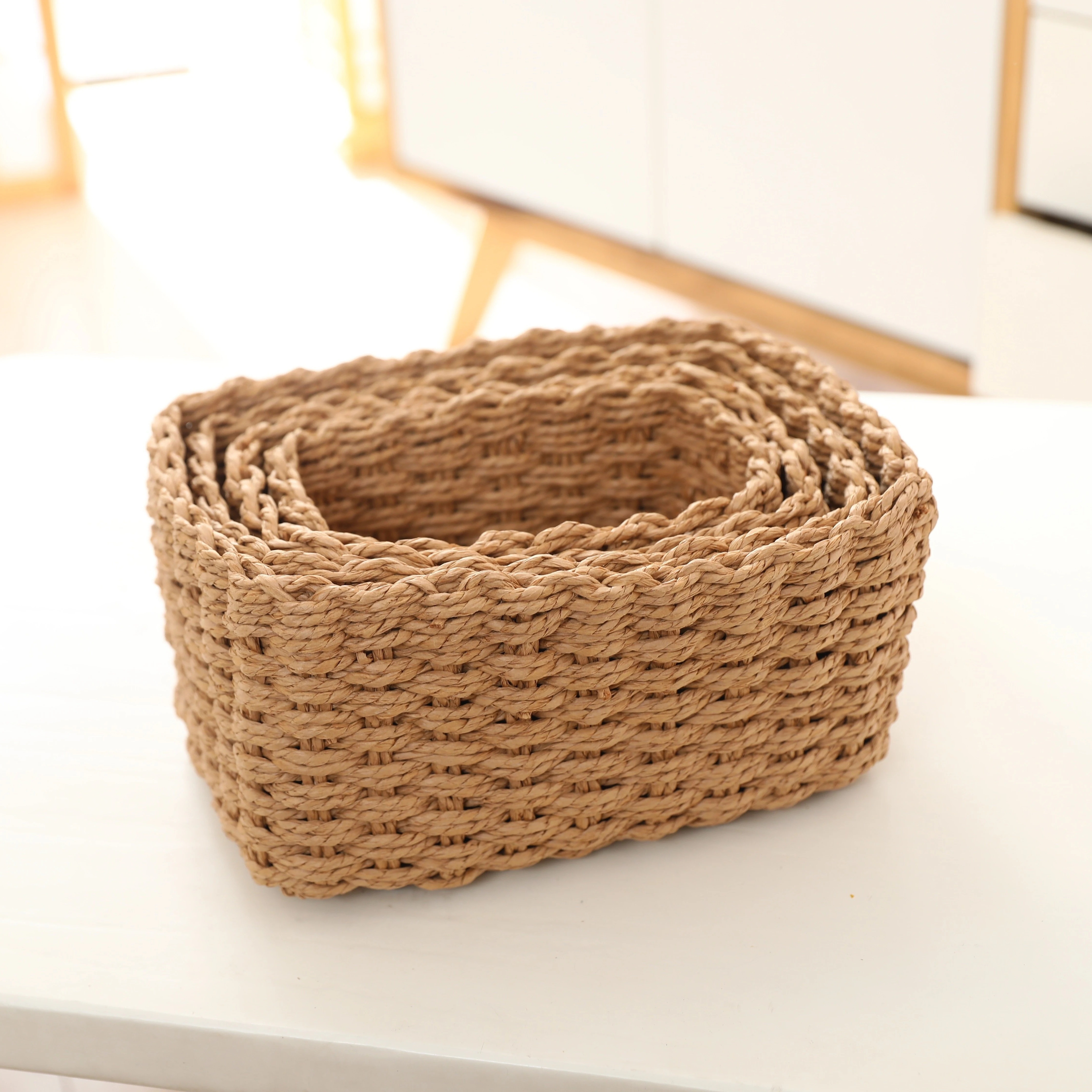 

4pcs Set Paper Rope Storage Bins, Vintage Style Multipurpose Organizer Baskets For Clothing, Desktop , , Sizes, Storage Bins For