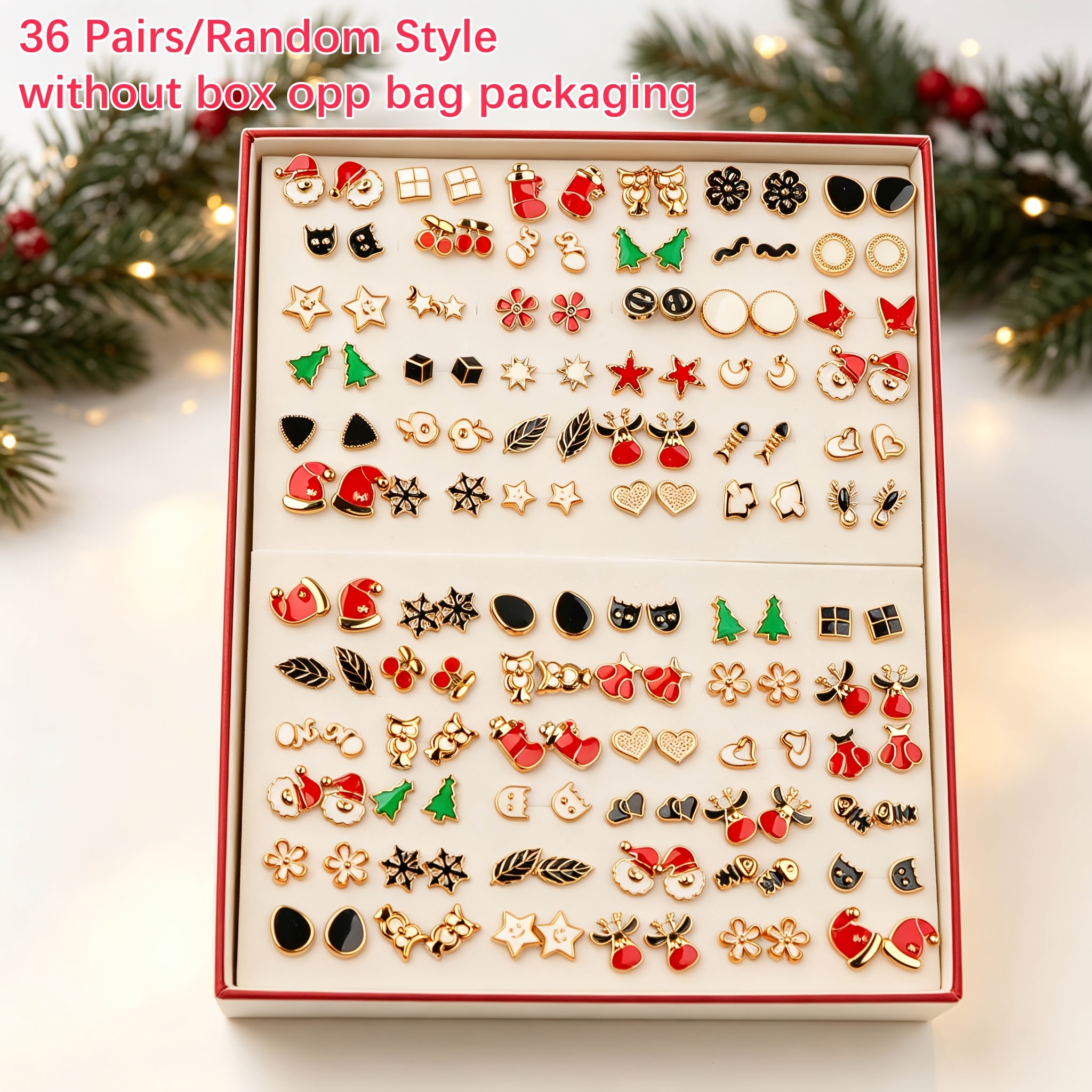 TEMU 36 Pairs Fashion Cute Mini Cartoon Women's Earrings, Men's And Women's Jewelry, Christmas Tree Snowflake Reindeer Love Earrings, Holiday Party