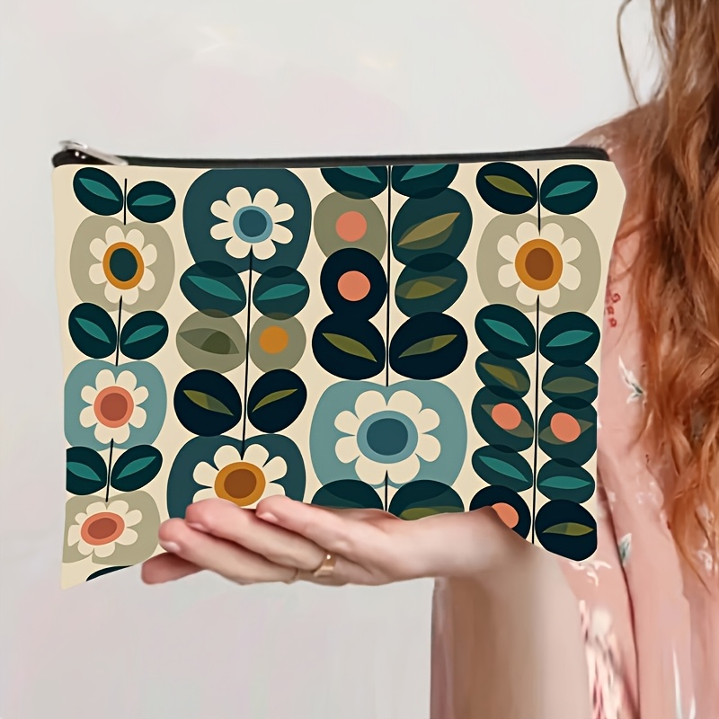 TEMU 1pc Floral Makeup Bag - Women's Multi-functional Travel Cosmetic Pouch With Iconic Branding, Christmas And Daily Essentials Zippered Bag, Flat