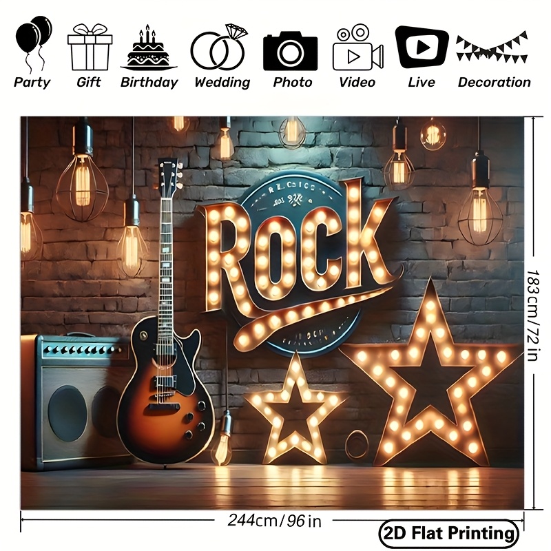 E-shop 243.84X182.88Cm Rock Party Fotografie Hintergrund - Lebendiges Wandteppich mit Gitarre, Verstärkern & Neon "ROCK" Schild für