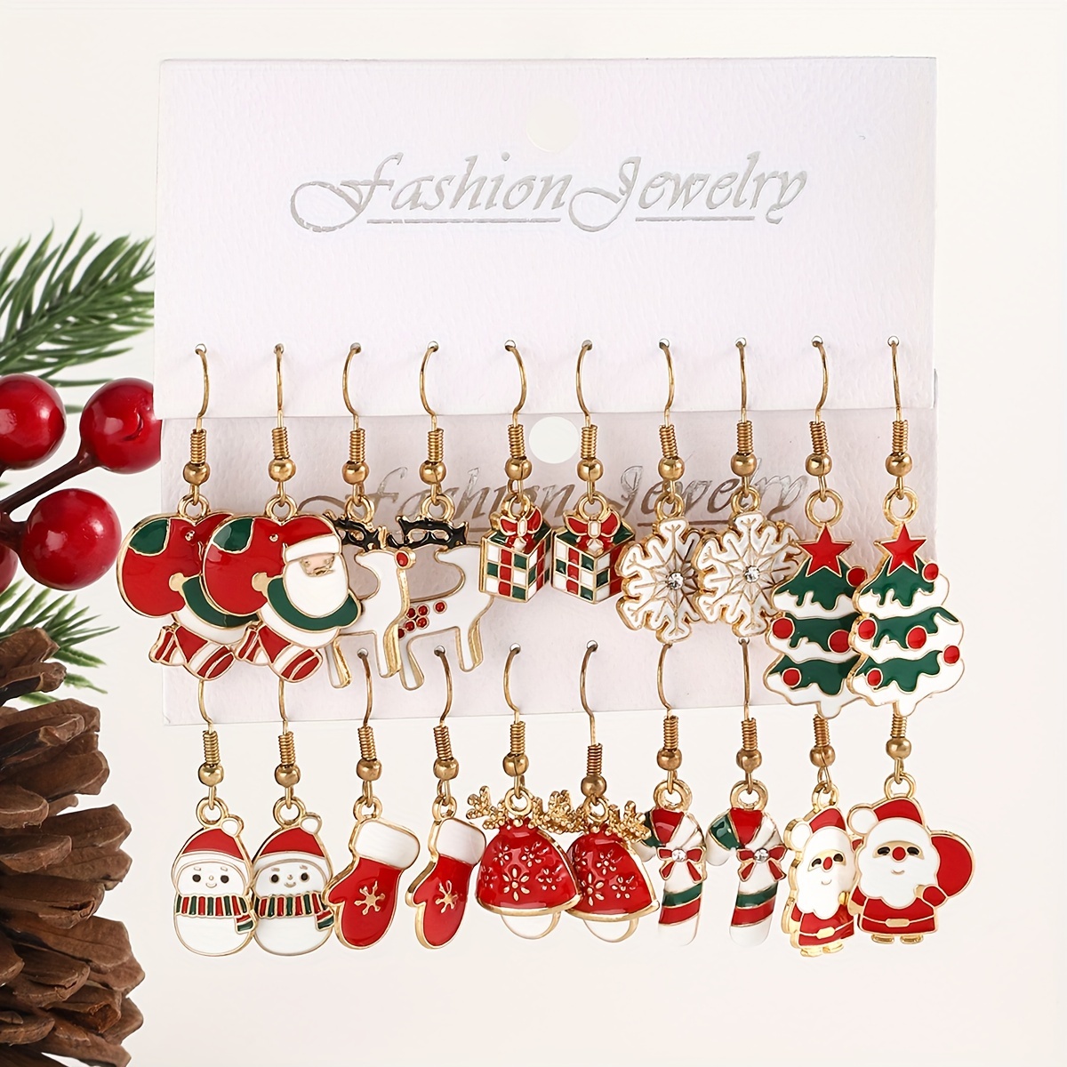 

10pcs, Elegant & Simply Style, Red Color Christmas Tree Christmas Hat Reindeer Bell Snowman Alloy Dangle Earrings For Ladies, Fashion Cute Accessory For Daily Wear & Festival, Perfect Gift