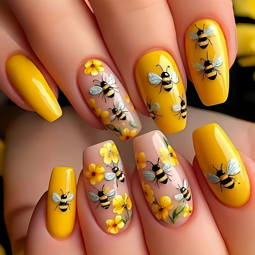 TEMU A Pack Of 30 Medium-length Ballet--on Nail Stickers For Spring And Summer. Featuring A Sweet Design With Cute Bees And Flower Patterns