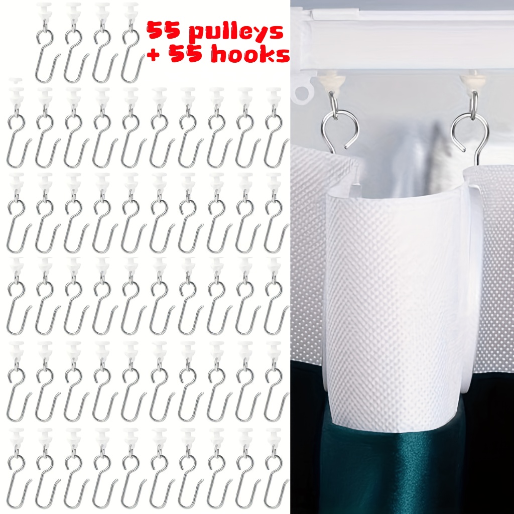 TEMU 110/50pcs White Curtain Pulleys And Metal Hooks, Multi-functional Silent Pulley Curtain Hooks, Universal Curtain Additions For , Durable Plastic
