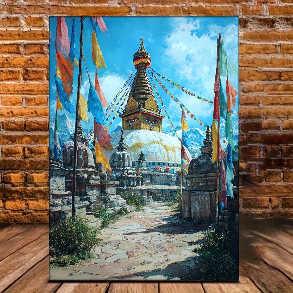 TEMU 2d Flat, 2d Flat Canvas Print, 1pc Unframed 12x16 Inch Canvas Painting - Art Piece Of The Yongbulu Temple Stupa, Flags, A Symbol Of Nepalese ,