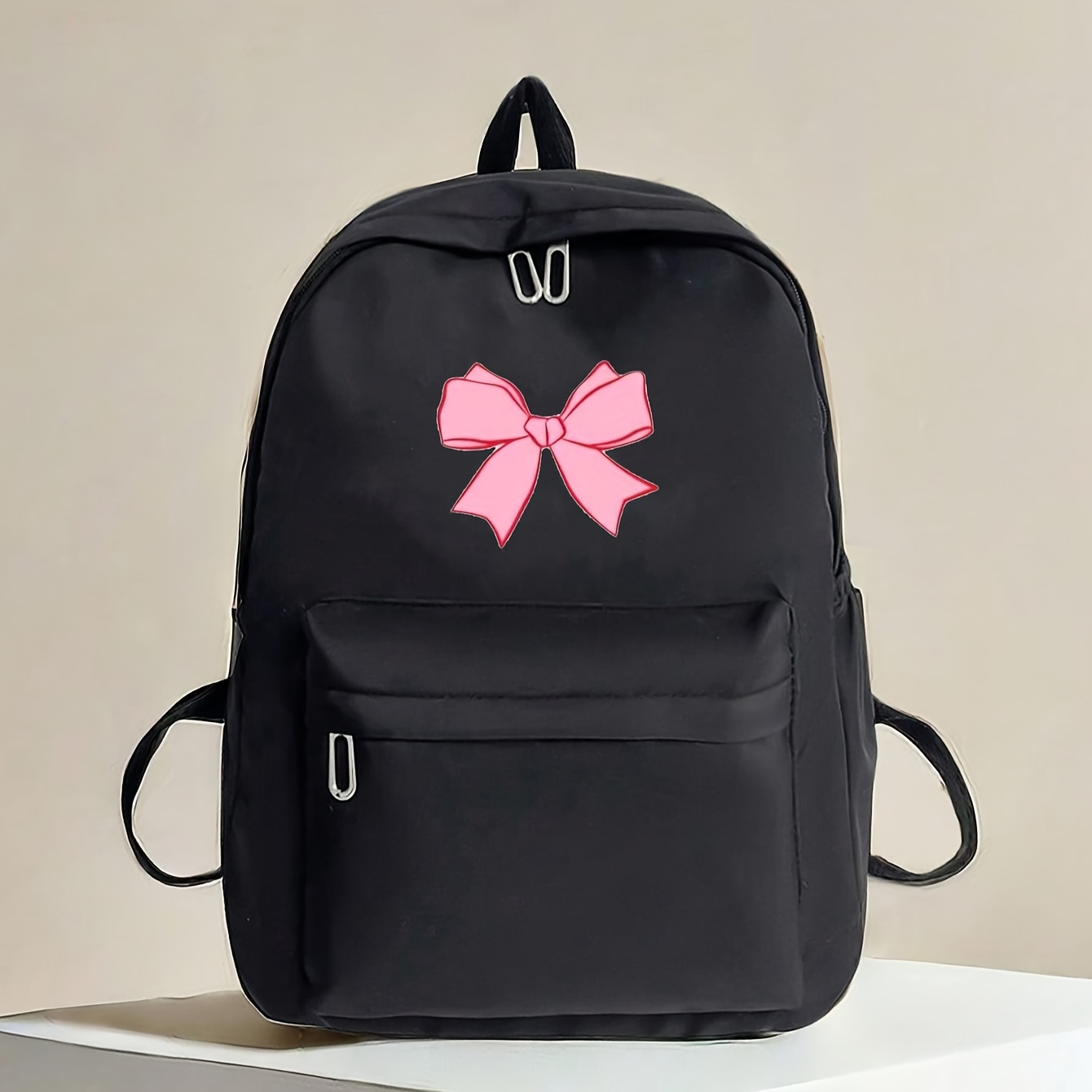 Stylish Women\'s Backpack with Black and Pink Details simple bow print womens backpack - Temu main image 2
