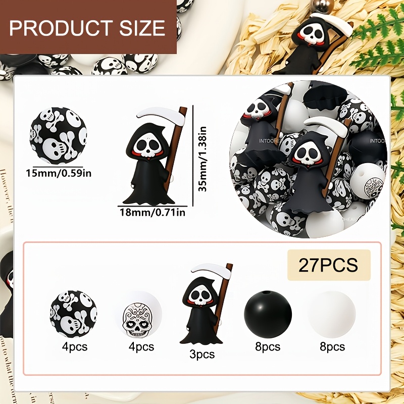 TEMU Ensemble de 27 perles en silicone style , perles artisanales faites à pour Halloween, pour stylos à perles, bracelets, , embellissements de sacs