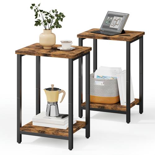 2pcs side tables 2 tier small end table sofa table nightstand with 2 layer storage shelves bedside table for living room bedroom office rustic brown and black