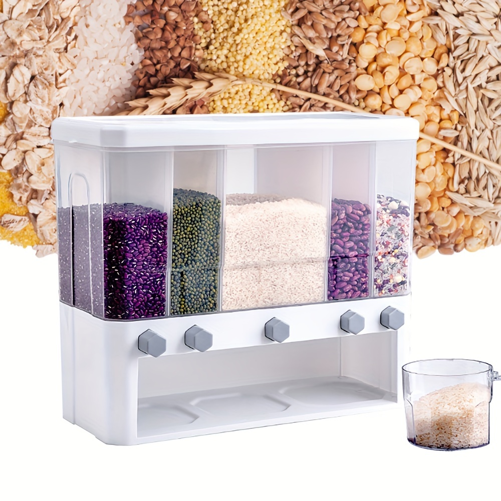 

Dry Food Dispenser Rice Dispenser 5-grid Cereal Storage Box Food Dispenser Grain Rice Bucket Pantry Large Capacity 5 Partitions W/ 1 Measuring Cup