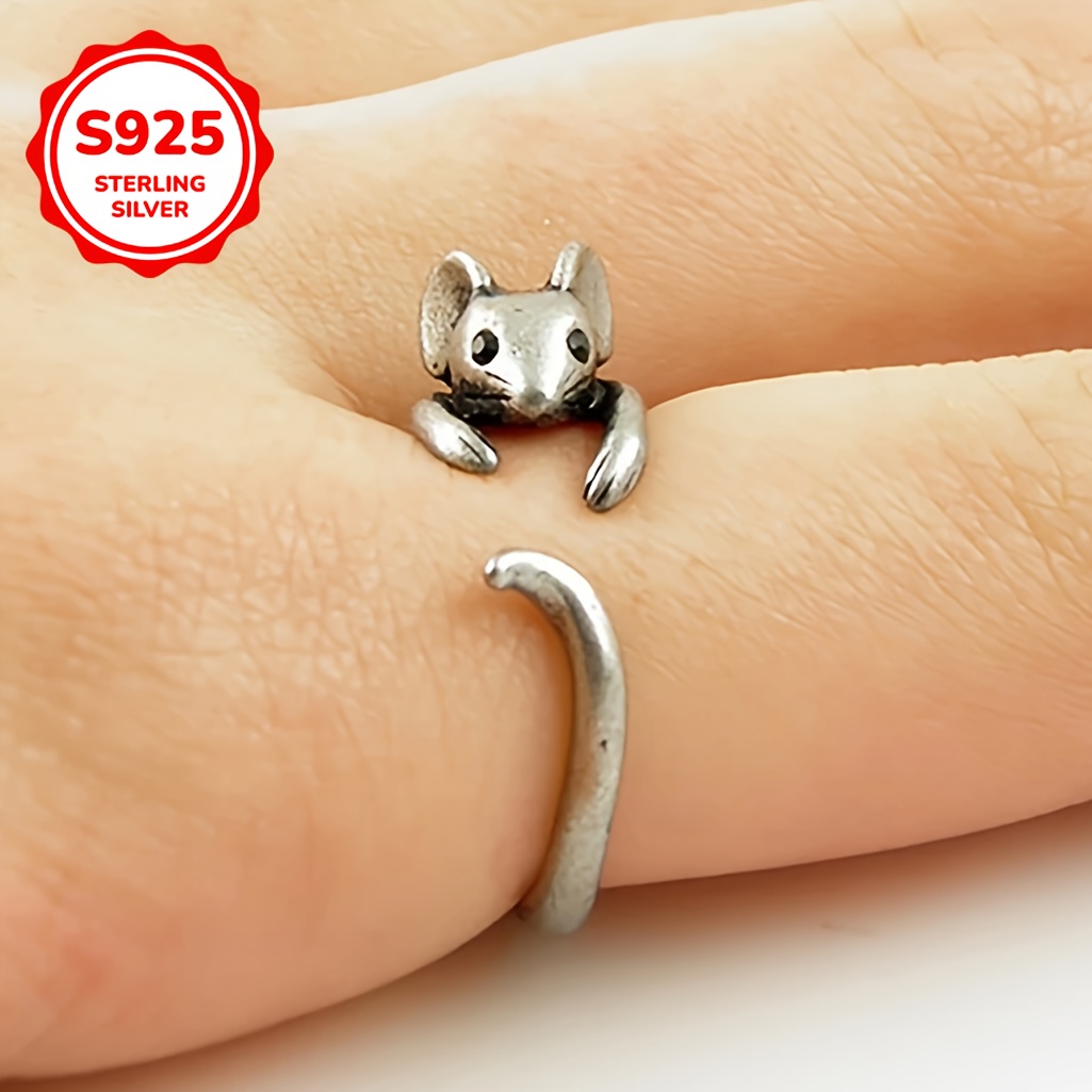

[1pc 925 Silver Mouse Ring] 1pc Vintage Style Adjustable Sterling Silver Mouse Ring, 925 Silver Plated Open Band, Cute Animal Design, Fashion Jewelry For Women, Suitable For All