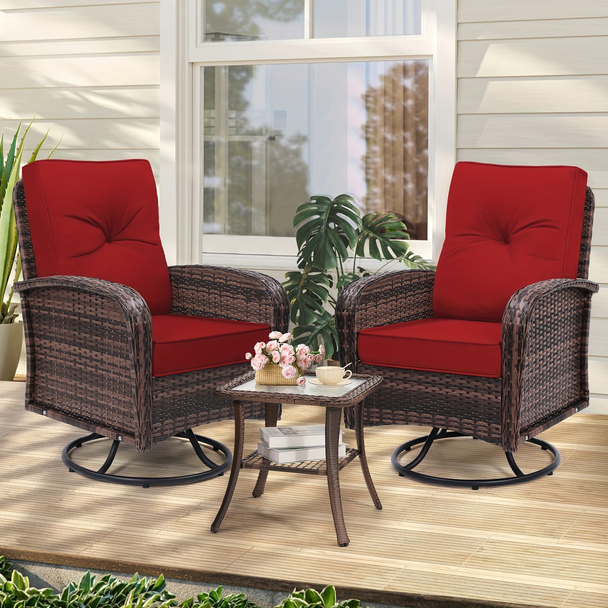 3pcs Patio Furniture Set, Outdoor Swivel Rocking Chairs with Glass Top Table and Thick Cushions for Porch, Deck, Balcony, Poolside, Patio Table And Chairs Set, Outdoor Dining Table And Chairs, Patio Chairs, Outdoor Furniture, Patio Set, Porch Seating, Deck Furniture, Cozy Outdoor Set, Swivel Chair, Garden Furniture Outdoor, Garden Chair, Outdoor Table And Chair Set, Bistro Patio Set, Patio Furniture Set Outdoor, Outdoor Patio Furniture Set, Small Patio Furniture Set, Front Porch Decor