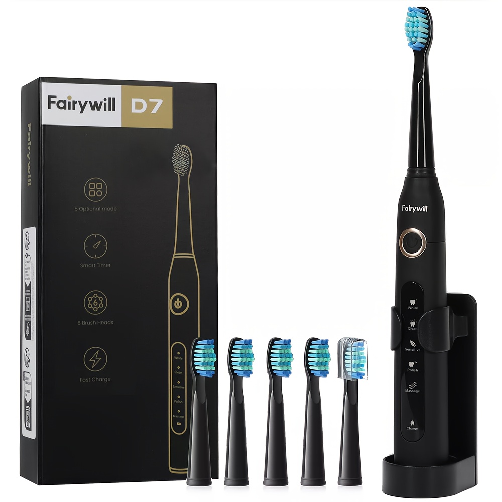 Fairywill Electric Toothbrush 6 Brush Heads With Bracket Usb Rechargeable Tooth Brush 5 For Best Gift Ideal Gift For Men, Father, Grandfather, Family Toothbrush, Adult Electric Toothbrush, Toothbrush