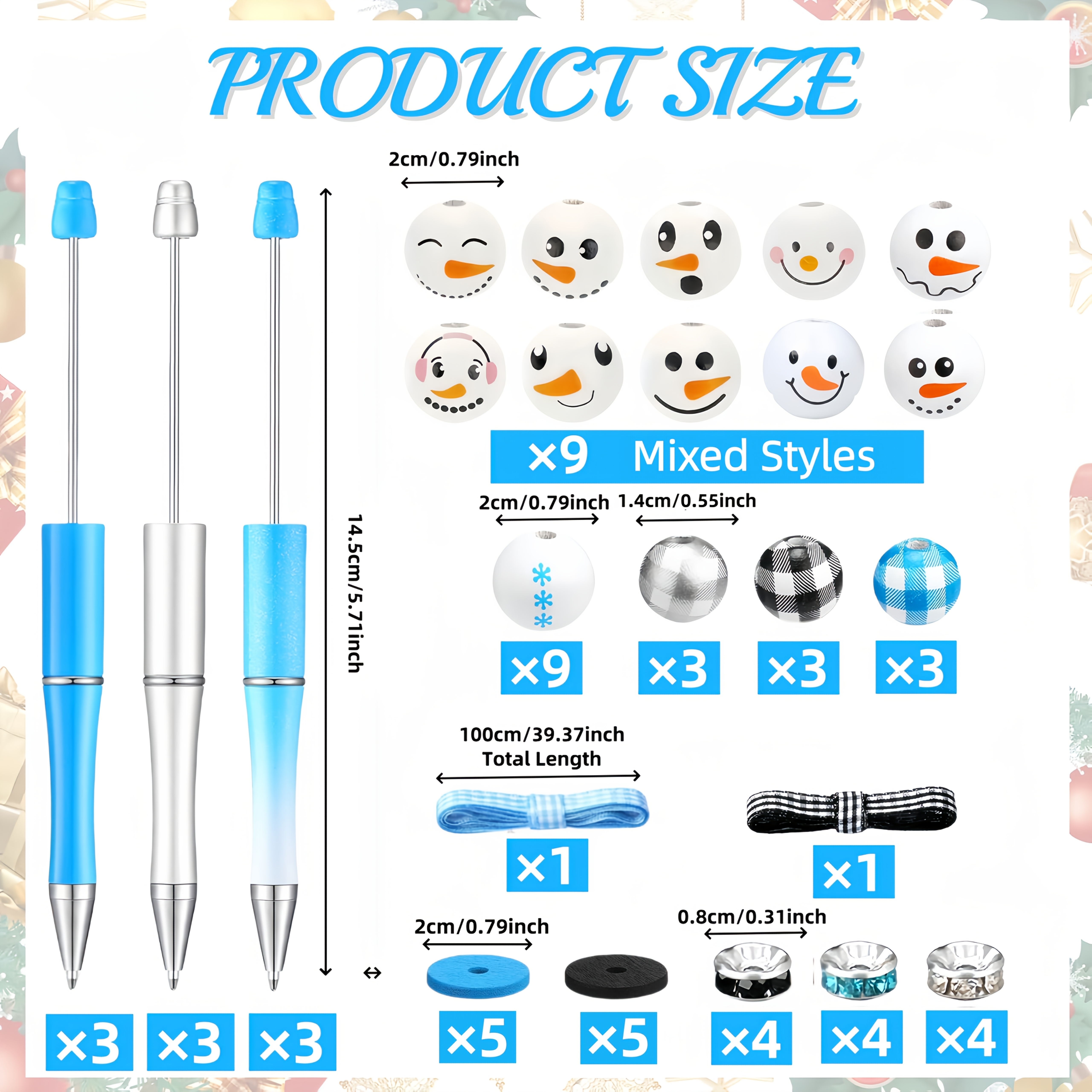 Image of 9pcs Blue Snowman Themed Bead Pen And Wooden Bead Set With , Featuring Wooden Beads, Snowflake Wooden Beads, And Ribbon Spacer Beads, Making It A School And Office Supply
