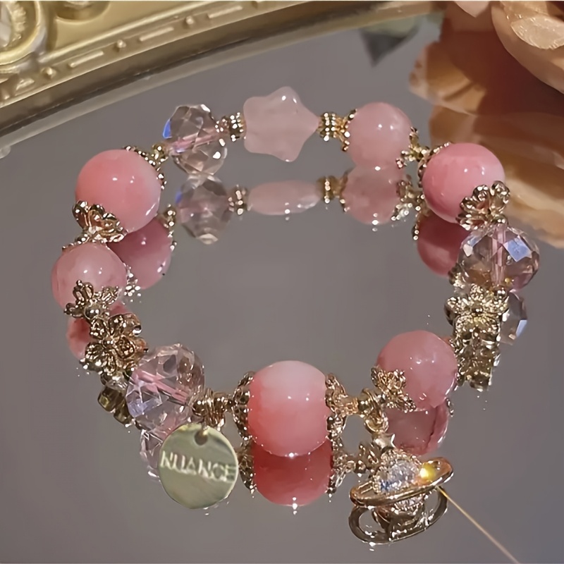 

Pink Beaded Bracelet With Accents - Vintage Style, Uv-plated Resin, Casual Attire, Style