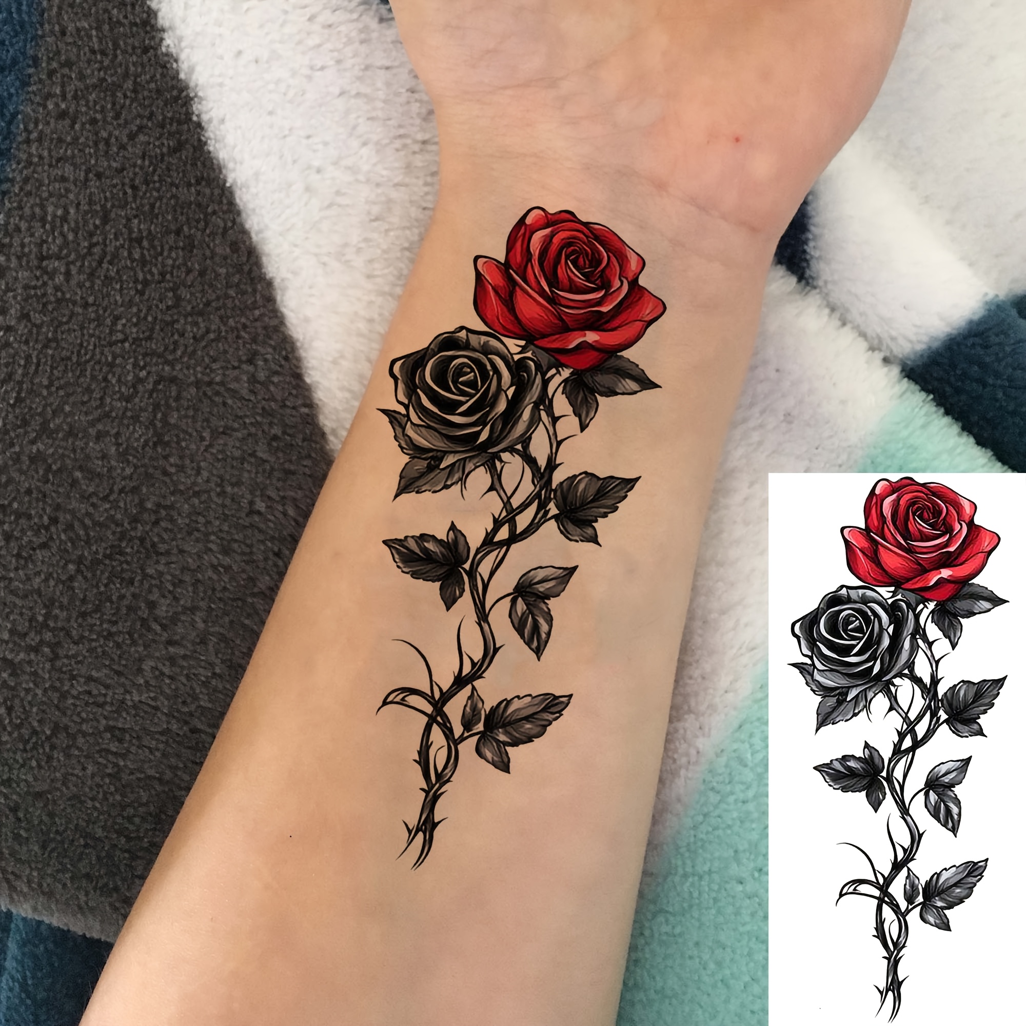 A Temporary Tattoo Of A Rose For Men And Women, Suitable For Fingers, Ankles, Waist, Legs, Thighs, Forearms, And Calves. This Waterproof And Long-lasting Fake Tattoo Sticker Looks Realistic