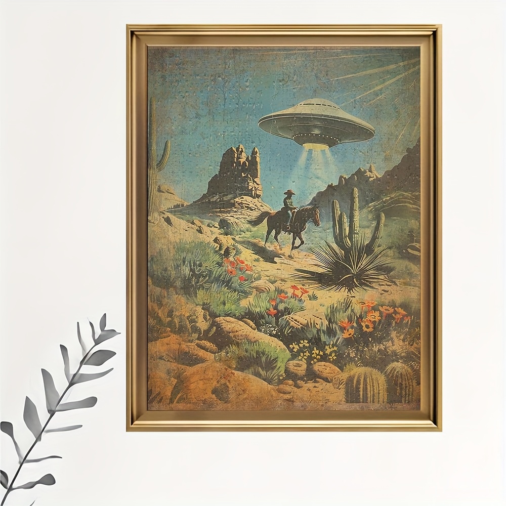 

Vintage Ufo & Western Cowboy Canvas Art - Wall Decor For , Living Room And Bedroom Aesthetics, Unique Holiday Gift Idea, Room Decor