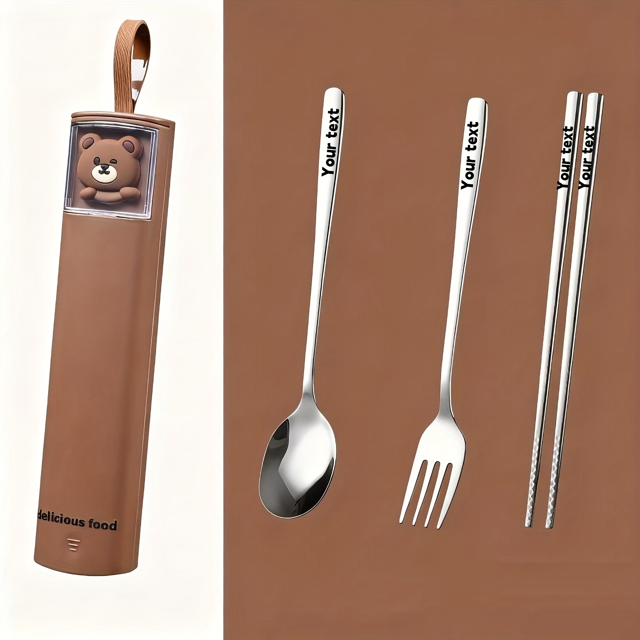 TEMU Personnalisation personnalisée, un joli et portable ensemble de couverts 3 pièces en acier inoxydable 304, avec des d'animaux mignons que des