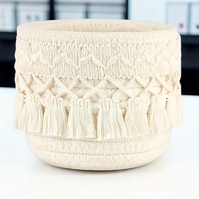sendpistil vintage round woven desktop storage basket with fringe natural fabric makeup brush organizer for vanity bathroom desk decorative cosmetic accessories organizer shelf baskets Product details 4
