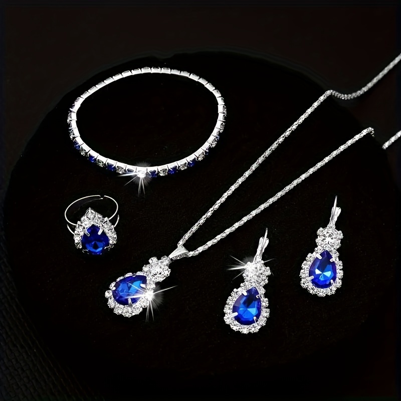 TEMU 5pc Fashion Women's Stainless Steel Blue Water Drop Jewelry Set