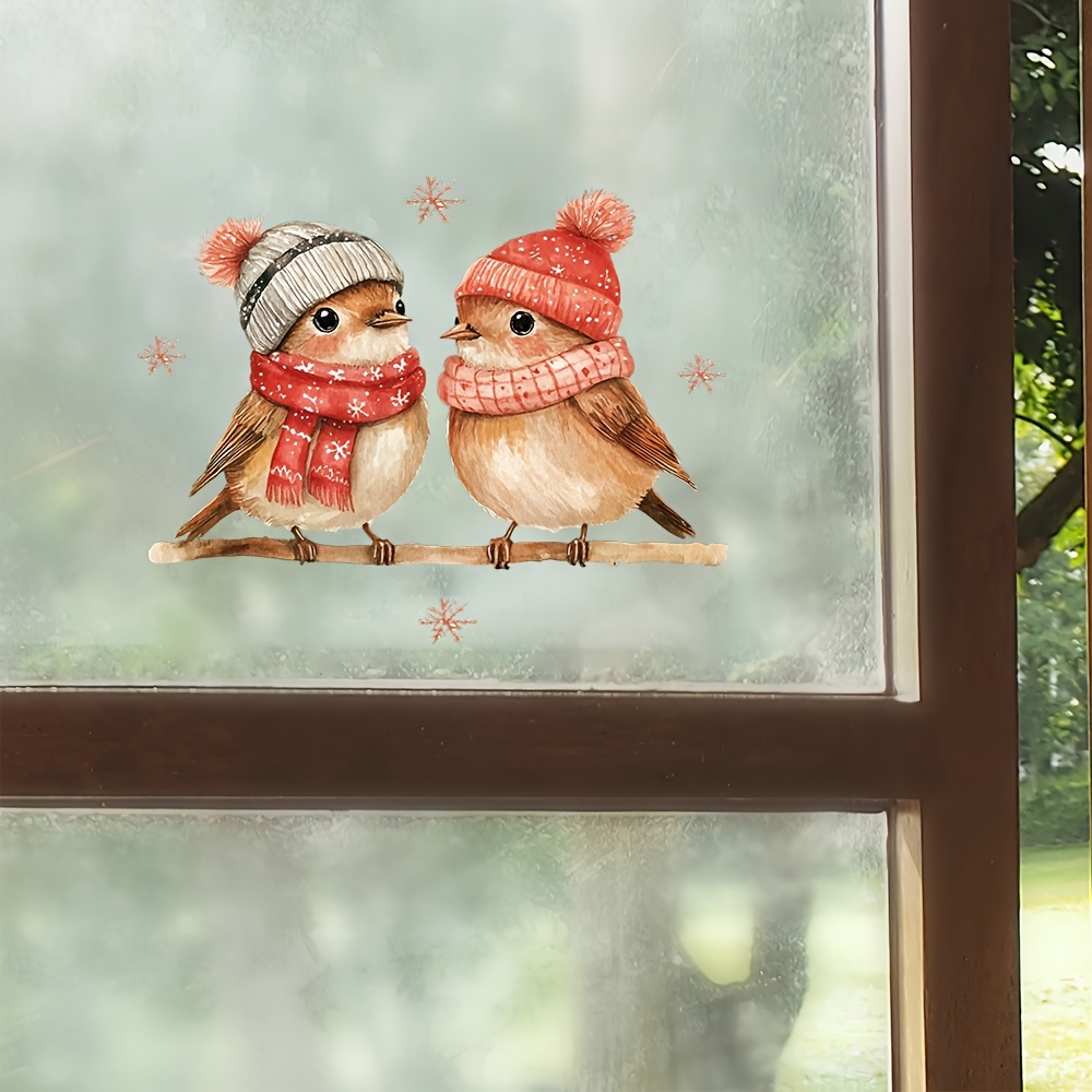 1pc festive christmas bird window cling adorable cartoon birds in knitted hats scarves removable reusable semi   ideal for windows doors walls cabinets fridges notebooks more bird accessories details 6