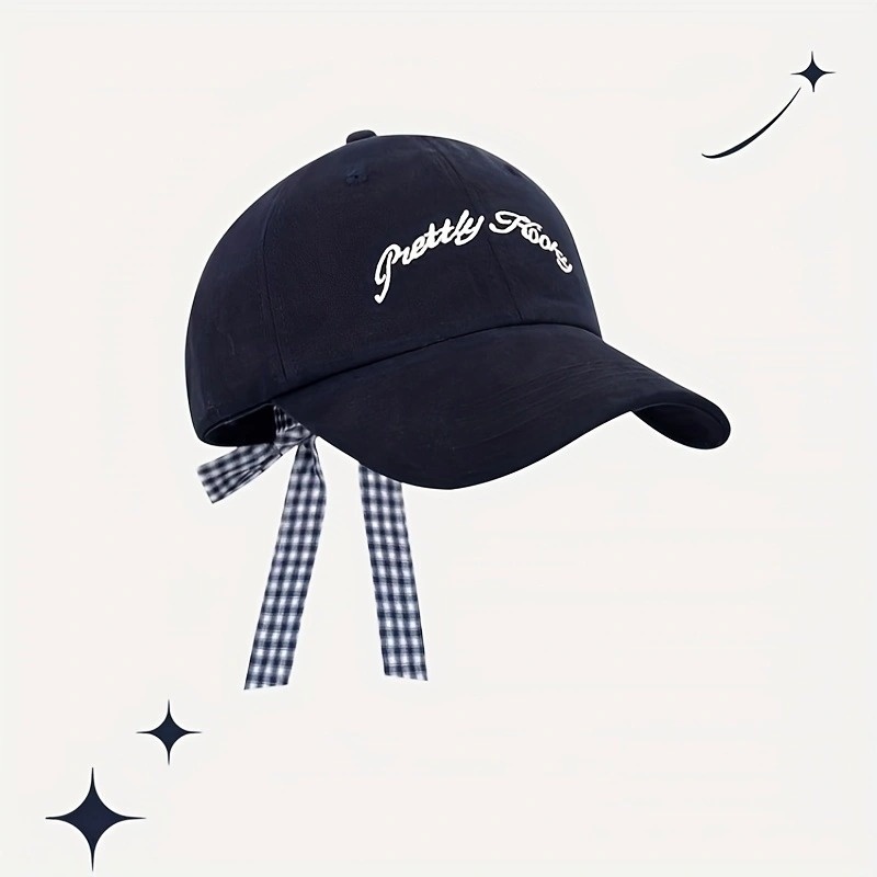 TEMU ボウタイ、レトロチェック柄文字刺繍ベースボールキャップ 女性用、韓国版、春夏に多用途、顔アップリトルベースボールキャップ