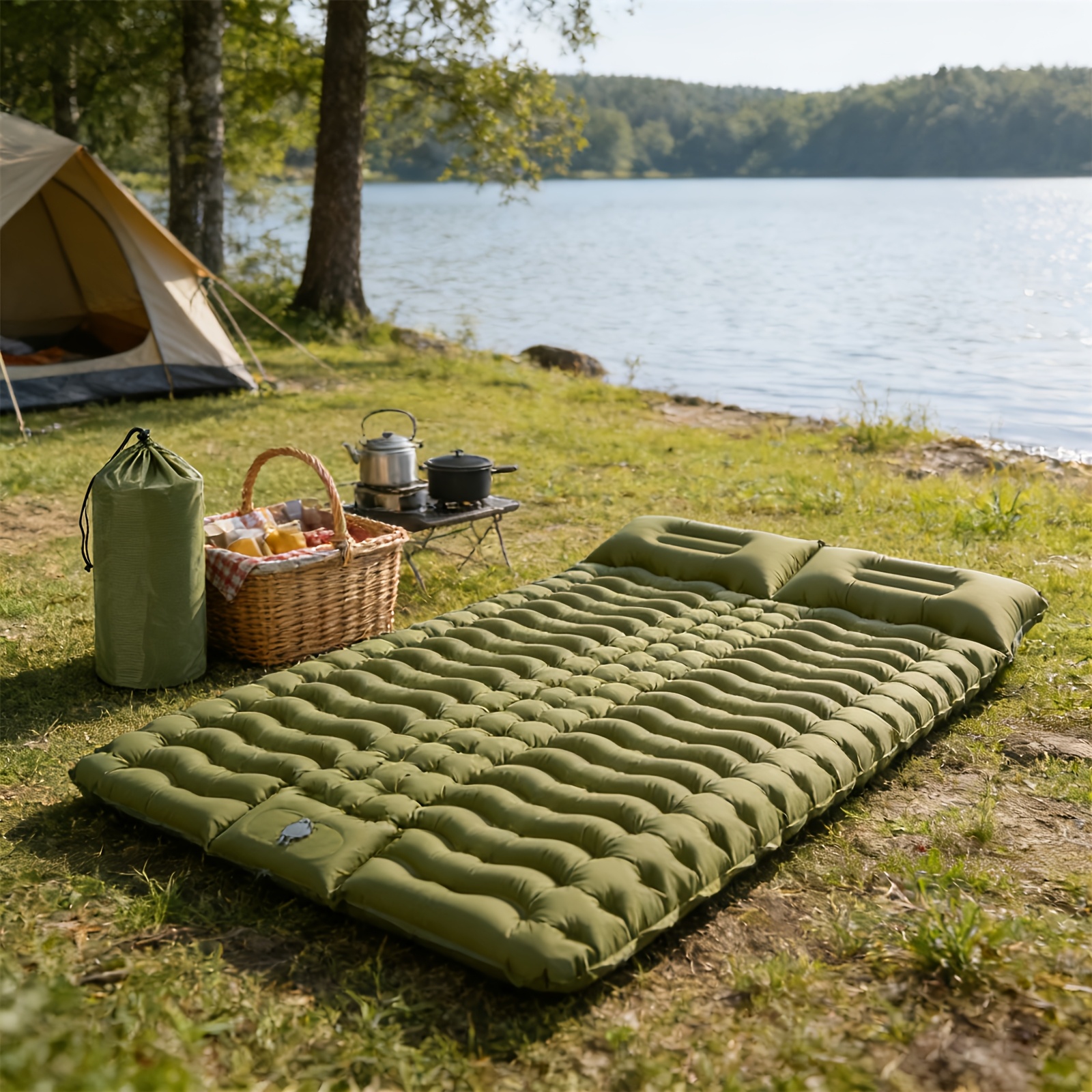 E-shop dicker aufblasbarer Schlafsack, Größe 200 x 140 cm, leichte Campingmatte mit integriertem Kissen und Fußpumpe, ideal für Reisen,