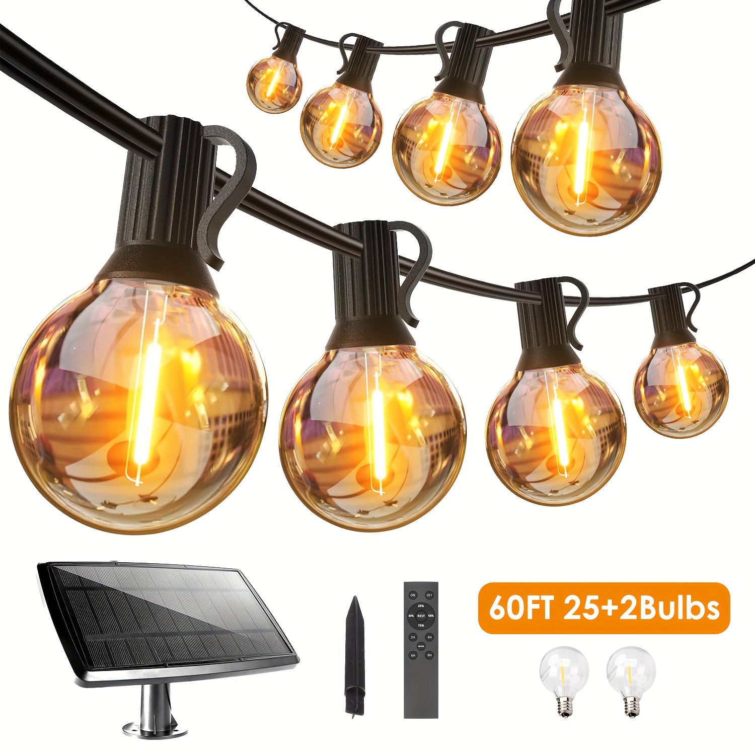 

1pc/2pc Solar Outdoor String Lights With Remote, 60ft/120ft G40 Globe Patio Lights With 25 Edison Bulbs (2 Spare) Hanging Lights For Backyard Porch Balcony Decor, Black