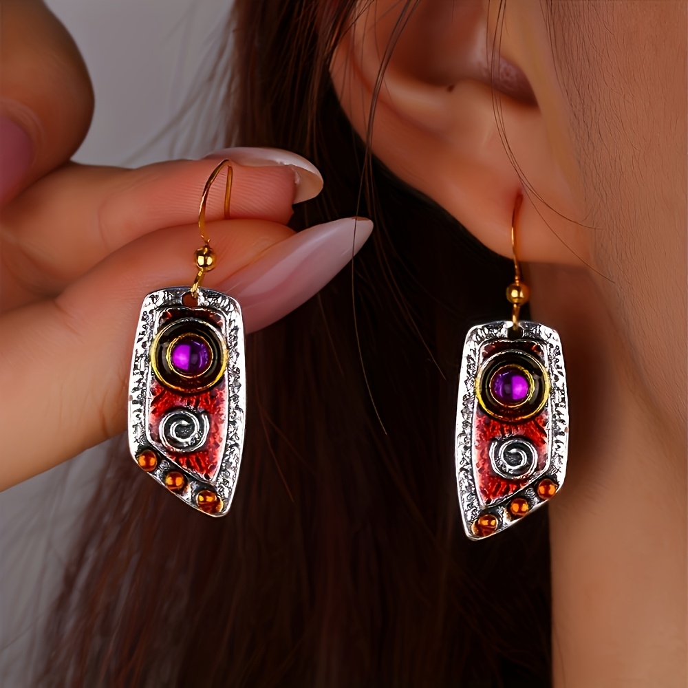 TEMU Bohemian Vintage Irregular Rectangular Pendant Earrings With Purple Accents, Lightweight Ethnic Jewelry Suitable For Women' Wear, Parties, And