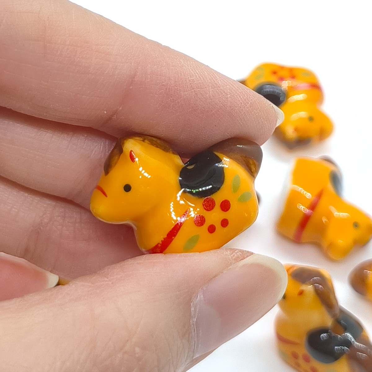 3pcs Yellow Pony Plum Blossom Pattern Ceramic Beads for DIY Crafts