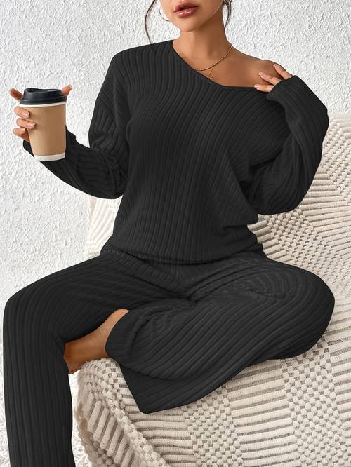 stylish ribbed drop shoulder t shirt and pants set