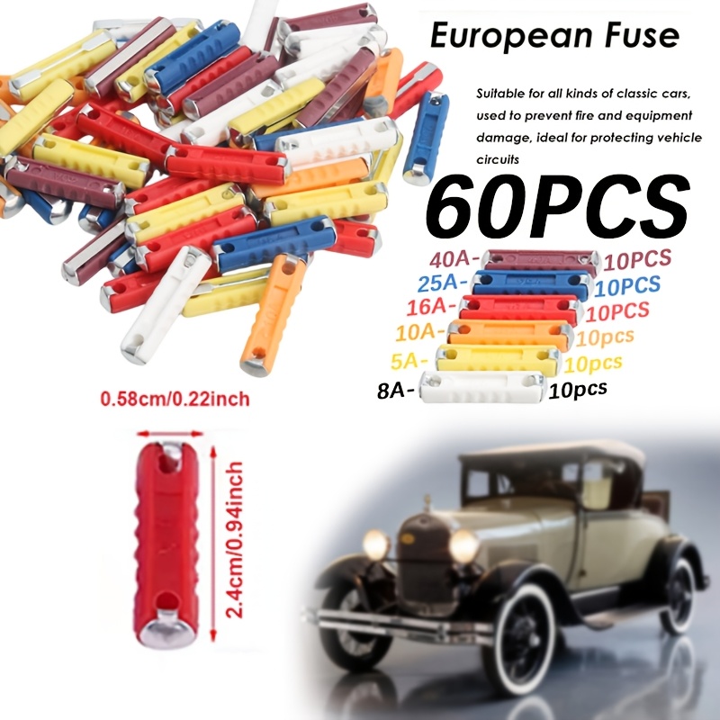 TEMU Kit assortimento da 60 fusibili multicolore per 'epoca europee - 24x5,8mm, alluminio durevole, compatibile con 'epoca, potenza nominale 5A-25A,