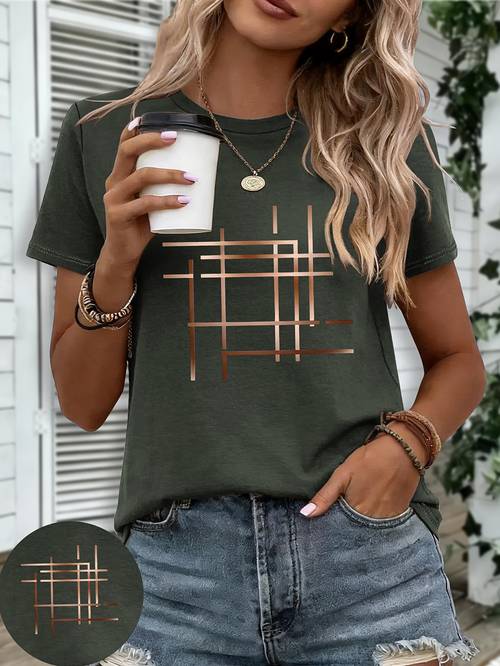 damen kurzarm-t-shirt – rundhals, blusenkompatibel, für blusen-marken-outfits, freizeit-top mit mittlerem stretch minimalistischer geometrischer linie, maschinenwaschbar, freizeitkleidung für frühling/sommer (kurzarmshirt mit normaler passform)