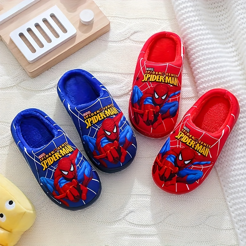 Pair of Kids' Plush Slippers with Spider-Man Print Design, New Autumn/Winter Style for Boys - Black/Blue/Red Options, Easy Slip-On Baby Shoes, Lightweight and Comfortable Indoor Floor Mats, Perfect Holiday Gift, Ideal for Fall Winter Summer, Fashion Statement, Winter Accessory, Cartoon Print, Kids Footwear, for Teenager, for Outdoor